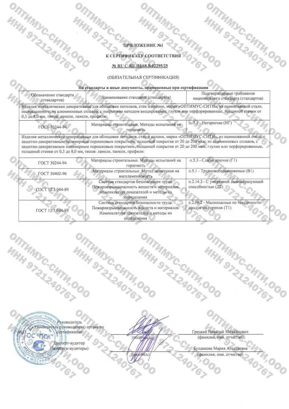 Пожарный сертификат № RU C-RU. ПБ68.В.0229525 НГ, Г1В1Д2Т1 (ОПТИМУС) Приложение 1